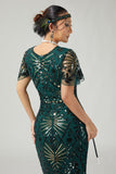 Bodycon pailletten donkergroene jurk met franjes uit de jaren 1920 met 5-delige accessoireset