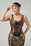 Zwarte gouden pailletten bodycon gefranjerde jaren 1920 jurk met 5-delige accessoires set