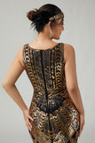 Zwarte gouden pailletten bodycon gefranjerde jaren 1920 jurk met 5-delige accessoires set