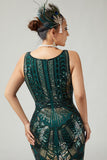 Sprankelende donkergroene bodycon met franjes uit de jaren 1920 met 5-delige accessoireset
