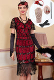 Zwarte rode kralenpailletten V-hals bodycon midi jurk uit de jaren 1920 met 5-delige accessoires set