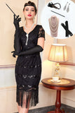Zwarte V-hals bodycon pailletten met franjes midi jurk uit de jaren 1920 met 5-delige accessoires set