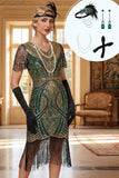 Groene gouden V-hals pailletten met franjes bodycon midi jurk uit de jaren 1920 met 4-delige accessoires set