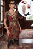 Glinsterende roodgouden V-hals pailletten met franjes bodycon midi jurk uit de jaren 1920 met 5-delige accessoiresset