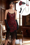Zwarte rode pailletten spaghettibandjes Bodycon midi jurk uit de jaren 1920 met 5-delige accessoires set