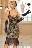 Zwarte gouden Bodycon Spaghetti Bandjes, pailletten met franjes midi jurk uit de jaren 1920 met accessoires uit de jaren 20