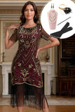 Bordeauxrode rondhals pailletten met kralenversierde bodycon midi jurk uit de jaren 1920 met 5-delige accessoires set
