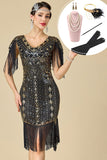 Zwarte gouden V-hals pailletten bodycon jurk uit de jaren 1920 met 5-delige accessoires set