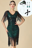 V-hals zwarte groene bodycon pailletten met kralen en franjes midi jurk uit de jaren 1920 met 4-delige accessoires set