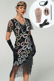 Zwarte V-hals pailletten, meerlaagse coure, bodycon midi jurk uit de jaren 1920 met 5-delige accessoires,