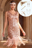 Rozengouden V-hals pailletten Bodycon jurk uit de jaren 1920 met 5-delige accessoires set