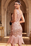 Rozengouden V-hals pailletten Bodycon jurk uit de jaren 1920 met 5-delige accessoires set