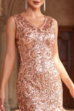 Rozengouden V-hals pailletten Bodycon jurk uit de jaren 1920 met 5-delige accessoires set