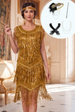 Glitterende gouden ronde hals pailletten jurk uit de jaren 20 met 4-delige accessoires set