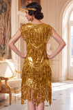 Glitterende gouden ronde hals pailletten jurk uit de jaren 20 met 4-delige accessoires set