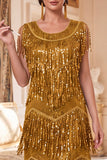 Glitterende gouden ronde hals pailletten jurk uit de jaren 20 met 4-delige accessoires set