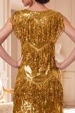 Glitterende gouden ronde hals pailletten jurk uit de jaren 20 met 4-delige accessoires set