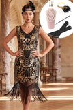 Zwarte gouden V-hals pailletten bodycon met kralen met franjes midi jurk uit de jaren 1920 met 5-delige accessoiresset