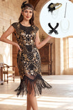 Zwarte gouden ronde hals met kralenpailletten en franjes bodycon midi jurk uit de jaren 1920 met 4-delige accessoires set