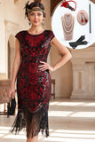 Zwarte rode ronde hals pailletten Bodycon midi jurk uit de jaren 1920 met 5-delige accessoires set