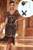 Zwarte gouden V-hals pailletten bodycon midi jurk uit de jaren 1920 met 5-delige accessoiresset