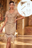 Abrikoos V-hals pailletten bodycon midi jurk uit de jaren 1920 met 5-delige accessoires set