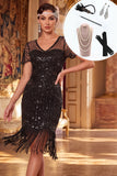 Zwarte V-hals pailletten bodycon midi jurk uit de jaren 1920 met 5-delige accessoires set