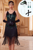 Zwarte groene bodycon pailletten spaghettibandjes met franjes jurk uit de jaren 1920 met 4-delige accessoiresset