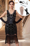 Zwarte kralenbeklede bodycon V-hals jurk uit de jaren 1920 met 5-delige accessoires set