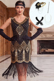 Zwarte gouden V-hals pailletten met franjes Bodycon jurk uit de jaren 1920 met 5-delige accessoiresset
