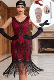 Zwarte rode V-hals pailletten Bodycon jurk uit de jaren 1920 met 5-delige accessoires set