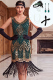 Groene gouden pailletten met franjes V-hals bodycon midi jurk uit de jaren 1920 met 4-delige accessoires set