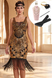 Zwarte gouden V-hals bodycon pailletten met franjes jurk uit de jaren 1920 en 5-delige accessoireset