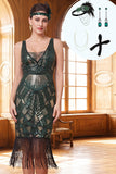 Donkergroene pailletten bodycon V-hals tule jurk met franjes uit de jaren 1920 met 4-delige accessoires set