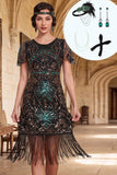 Zwart groene ronde hals pailletten Bodycon jurk uit de jaren 1920 met 4-delige accessoires set