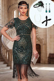 Bodycon donkergroene pailletten ronde hals jurk uit de jaren 1920 met 4-delige accessoires set
