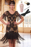 Zwarte gouden ronde hals pailletten Bodycon jurk uit de jaren 20 met 5-delige accessoires set