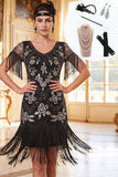 Zwarte zilveren kralenpailletten met franjes Bodycon jurk uit de jaren 1920 met 4-delige accessoiresset