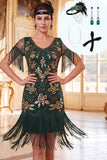 Groene gouden V-Necck pailletten met franjes Bodycon jurk uit de jaren 1920 met 4-delige accessoiresset