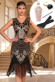 Zwarte gouden pailletten met franjes V-hals bodycon jurk uit de jaren 1920 met 5-delige accessoires set
