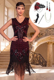 Zwarte rode V-hals pailletten bodycon midi jurk uit de jaren 1920 met 5-delige accessoires set