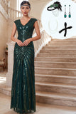 Donkergroene V-hals tule jurk uit de jaren 1920 met 4-delige accessoires set