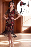 Zwarte rode V-hals pailletten Bodycon jurk uit de jaren 1920 met 5-delige accessoires set