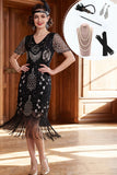 Zwarte zilveren V-hals bodycon pailletten met franjes jurk uit de jaren 1920 en 5-delige accessoireset