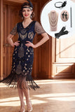 Zwart zilveren V-hals pailletten met kralenversierde bodycon jurk uit de jaren 1920 met 5-delige accessoires set