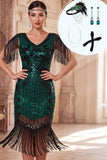 Donkergroene V-hals pailletten met franjes bodycon midi jurk uit de jaren 1920 met 4-delige accessoires set
