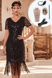 Zwarte V-hals kralenpailletten bodycon midi jurk uit de jaren 1920 met 4-delige accessoires set