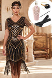 Zwarte gouden V-hals pailletten met franjes bodycon midi jurk uit de jaren 1920 met 4-delige accessoiresset