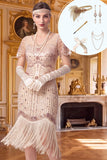 Abrikozenkleurige V-hals pailletten met franjes Bodycon midi jurk uit de jaren 1920 met 5-delige accessoires set