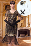 Zwarte gouden V-hals pailletten bodycon midi jurk uit de jaren 1920 met 4-delige accessoires set